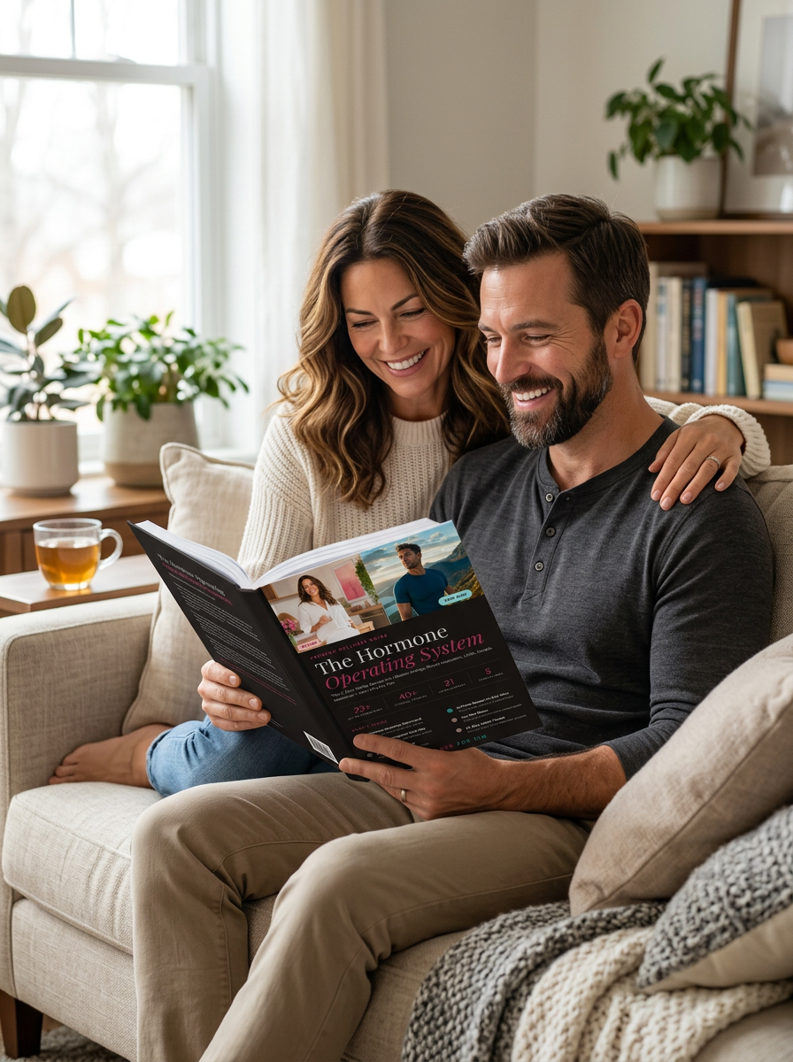 A woman reading The Hormone Operating System in a sunlit living room